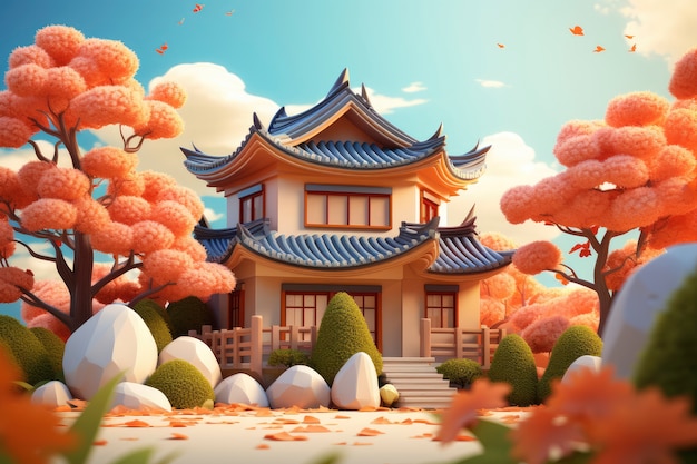 3D-Darstellung eines asiatischen Hauses