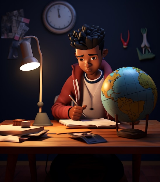 3D-Darstellung eines Cartoon-ähnlichen Jungen, der Hausaufgaben macht