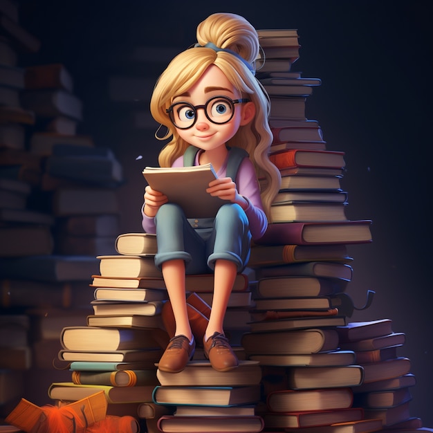 3D-Darstellung eines Cartoon-ähnlichen lesenden Mädchens