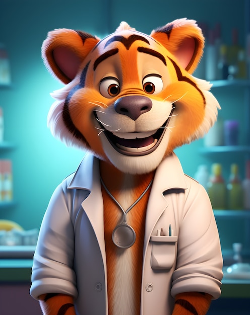 3D-Darstellung eines Cartoon-Tigers als Arzt