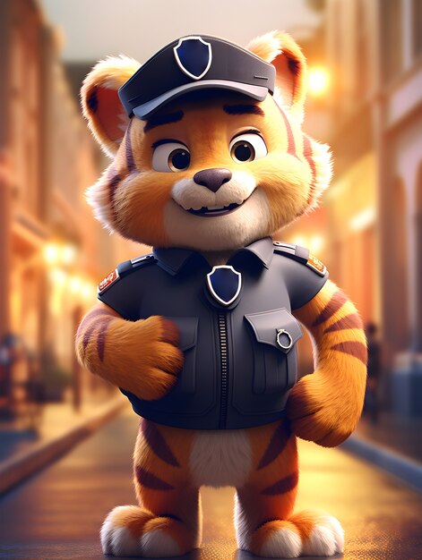 3D-Darstellung eines Cartoon-Tigers als Polizist
