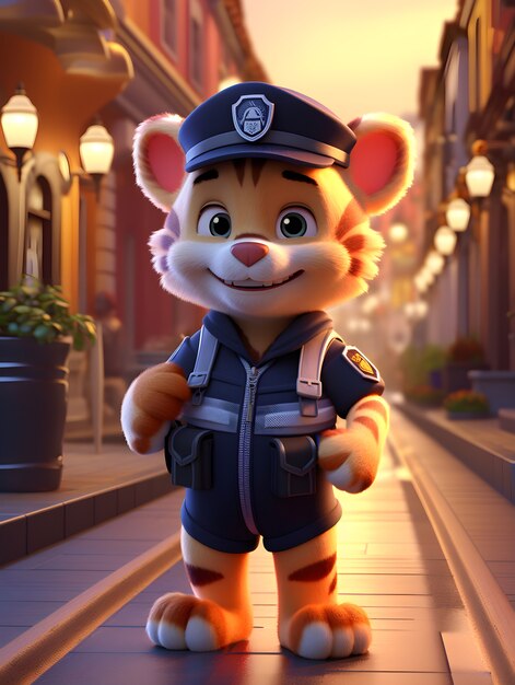 3D-Darstellung eines Cartoon-Tigers als Polizist