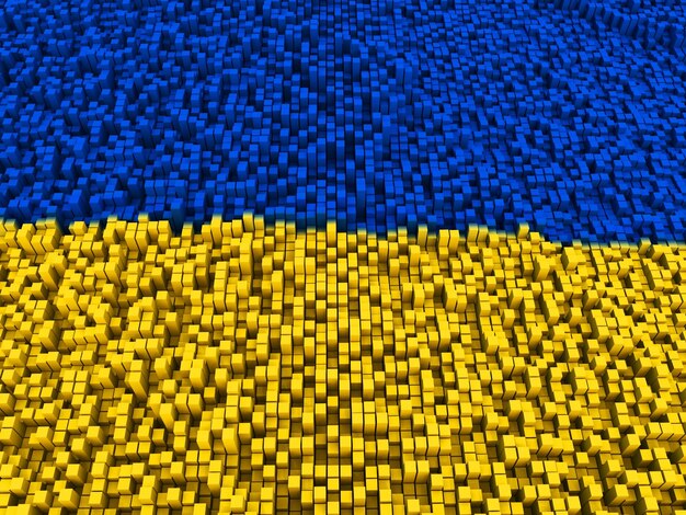 3D-Darstellung eines Hintergrunds aus extrudierten Blöcken in den Farben der ukrainischen Flagge