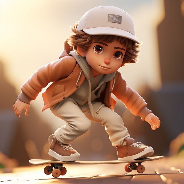 3D-Darstellung eines Jungen auf einem Skateboard