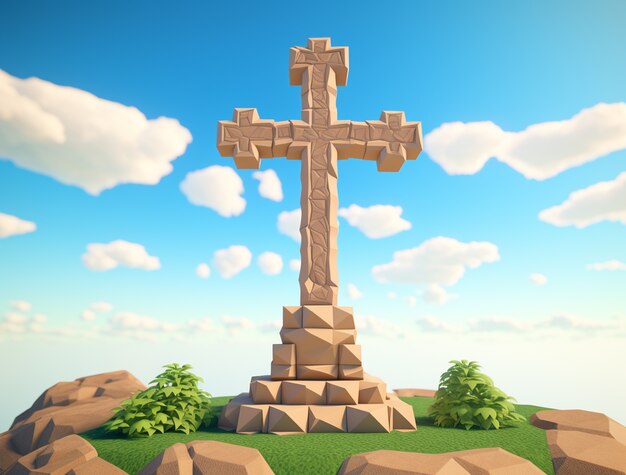 3D-Darstellung eines Kreuzes auf Felsen
