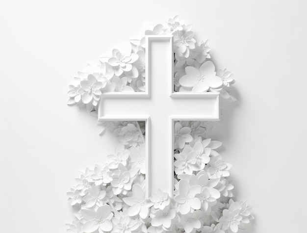 3D-Darstellung eines Kreuzes mit weißen Blumen