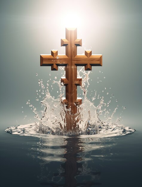 3D-Darstellung eines Kreuzes über dem Wasser
