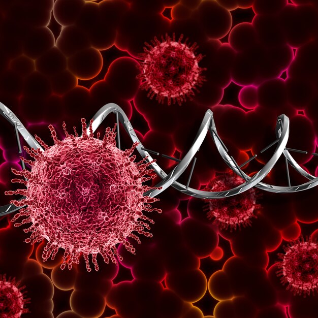 3D-Darstellung eines medizinischen Hintergrunds mit Viruszellen und DNA-Strang