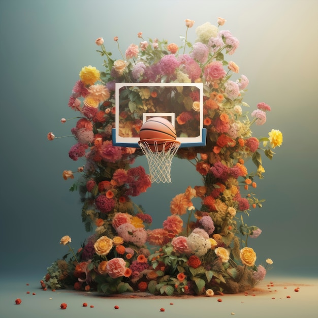 3D-Darstellung eines mit Blumen geschmückten Basketballkorbs