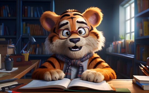 3D-Darstellung eines Tigers, der im Büro arbeitet