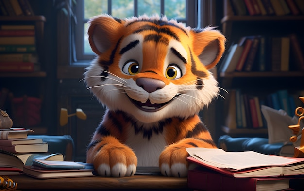 3D-Darstellung eines Tigers, der im Büro arbeitet