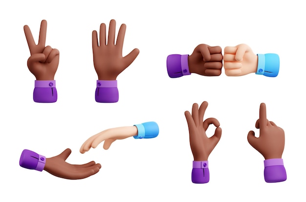 3D-Darstellung multiethnische Handgesten auf Weiß
