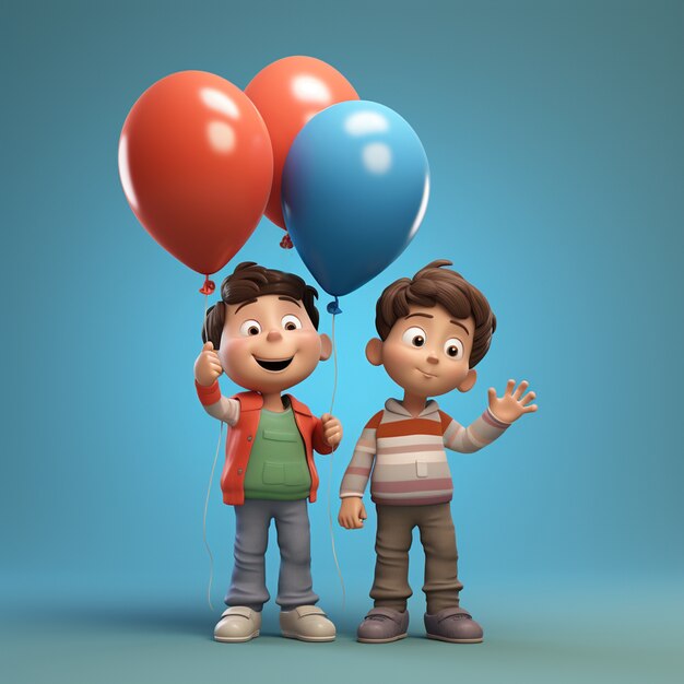 3D-Darstellung von Cartoon-ähnlichen Jungen mit Luftballons