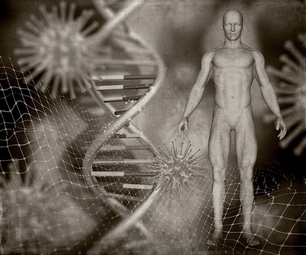 3D-Darstellung von einem Grunge-Stil medizinischen Bild mit männlichen Figur DNA-Stränge und Virus-Zellen