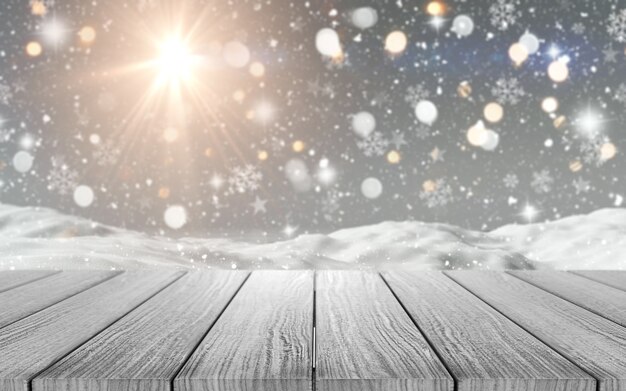 3D-Darstellung von einem Holztisch auf einer schneebedeckten Szene Blick