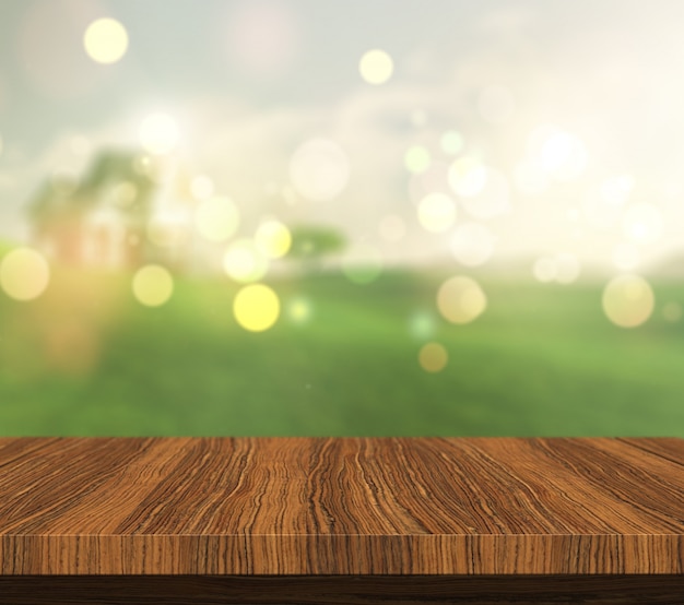 3D-Darstellung von einem Holztisch mit einem Blick auf die Landschaft mit Blick