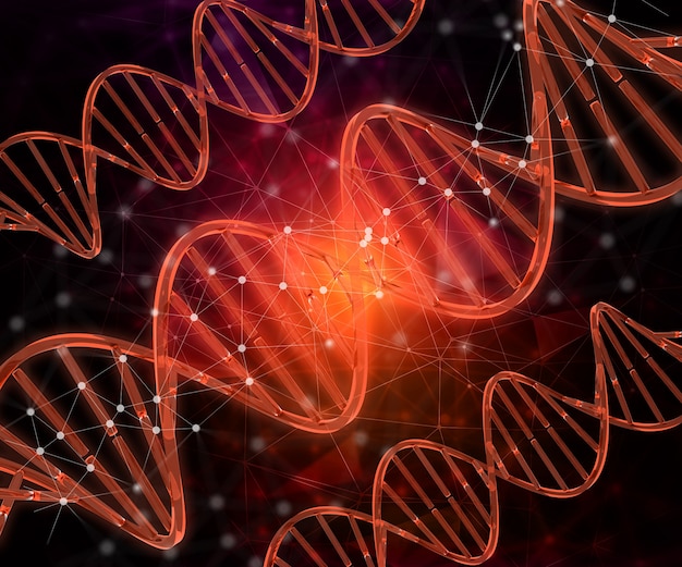 3D-Darstellung von einem medizinischen Hintergrund mit DNA-Stränge Verbindung Linien und Punkte