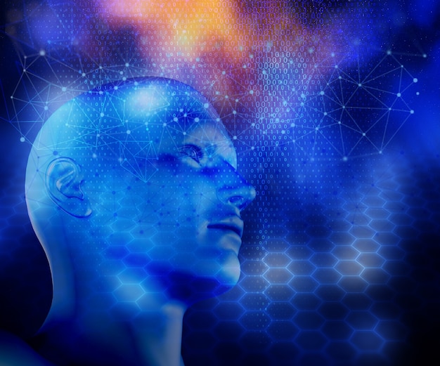 3D-Darstellung von einem modernen Technologie-Hintergrund mit Verbindungslinien und Punkte und männlichen Kopf