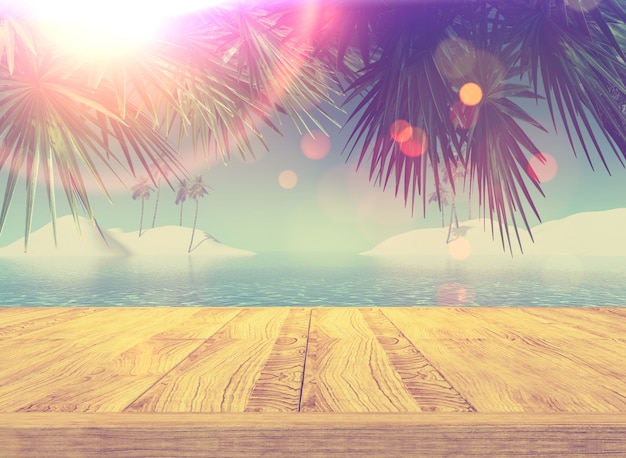 3D-Darstellung von einem Retro-Stil Bild von einem hölzernen Deck mit Blick auf eine tropische Landschaft