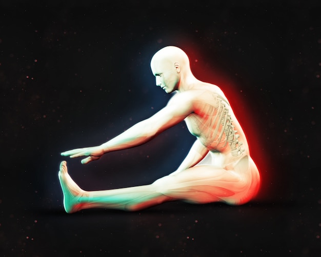 Kostenloses Foto 3d-darstellung von einer männlichen figur in stretch-position mit dual-farbe-effekt