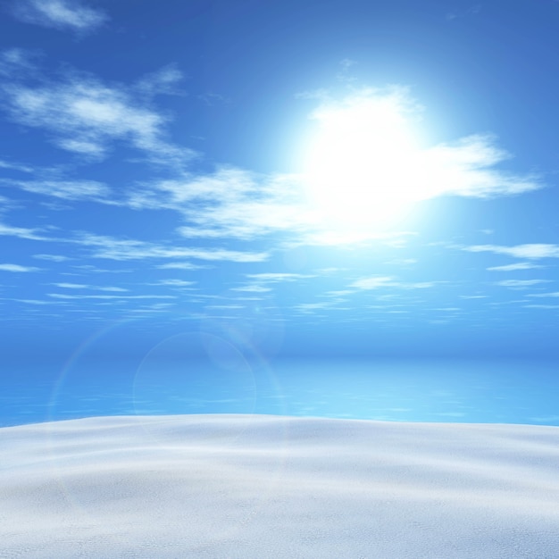 3D-Darstellung von einer Sommerlandschaft mit Sand, Meer und blauer Himmel