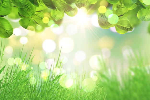 3D-Darstellung von grünen Blättern und Gras gegen einen Bokeh Lichter Hintergrund