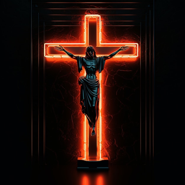 3D-Darstellung von Jesus auf Neonkreuz