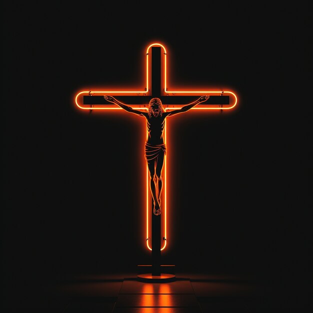 3D-Darstellung von Jesus auf Neonkreuz