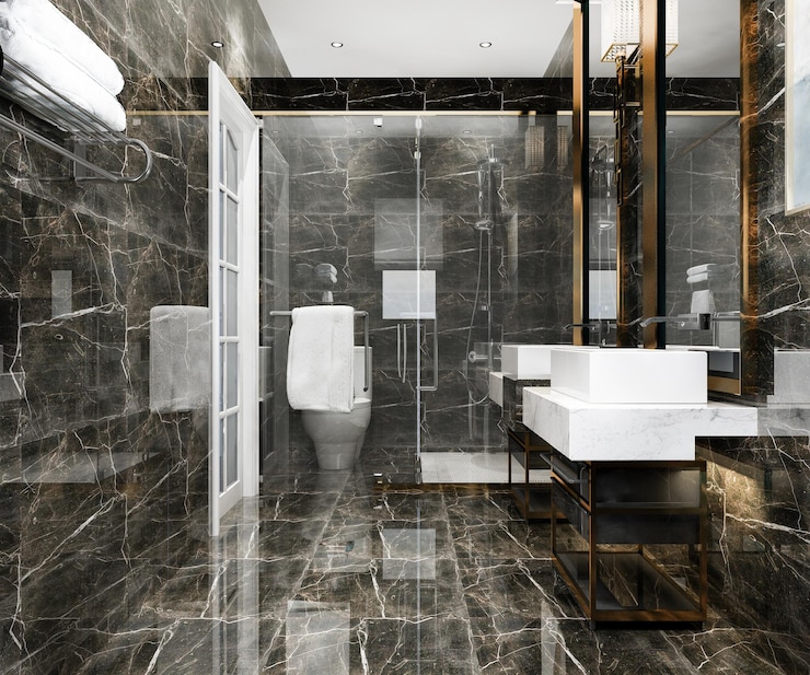 Kostenlose Foto 3d, das modernes schwarzes badezimmer mit luxusfliesendekor überträgt