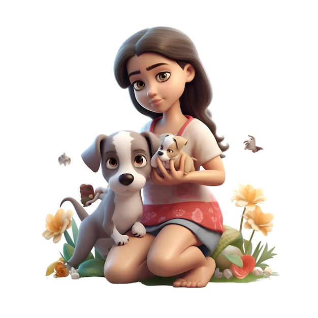 Kostenloses Foto 3d-digitalrender eines niedlichen kleinen mädchens mit ihrem hund