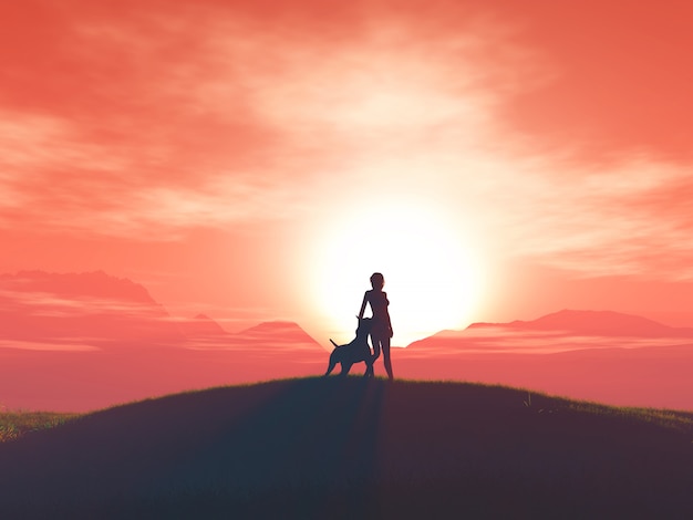3D-Frau und ihr Hund gegen eine Sonnenuntergangslandschaft