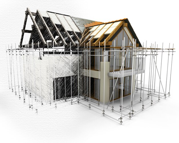 3D-Haus mit Gerüsten mit der Hälfte in Skizze Phase