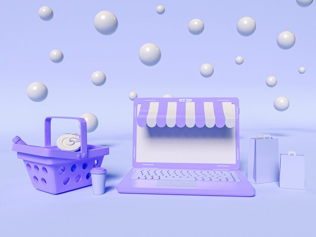 3D-Illustration. Ein Laptop mit einem Einkaufskorb und Papiertüten. Online-Shopping- und E-Commerce-Konzept.