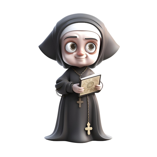 Kostenloses Foto 3d-illustration einer kleinen nonne mit einer bibel auf weißem hintergrund