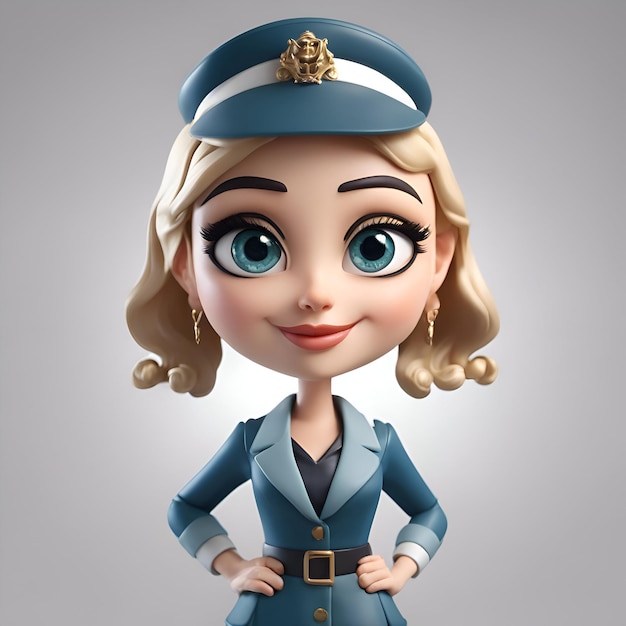 3D-Illustration einer niedlichen Stewardess in blauer Uniform