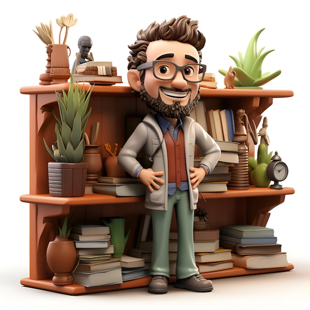 3D-Illustration eines Cartoon-Charakters mit Bücherregal und Pflanzen