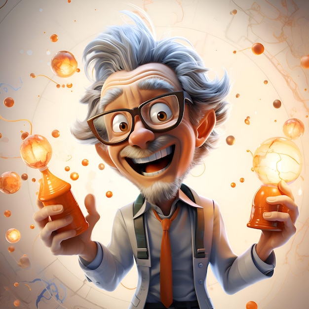 3D-Illustration eines glücklichen älteren Mannes, der eine Glühbirne hält