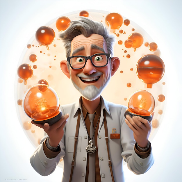 3D-Illustration eines glücklichen älteren Mannes, der eine Reihe von Glühbirnen hält