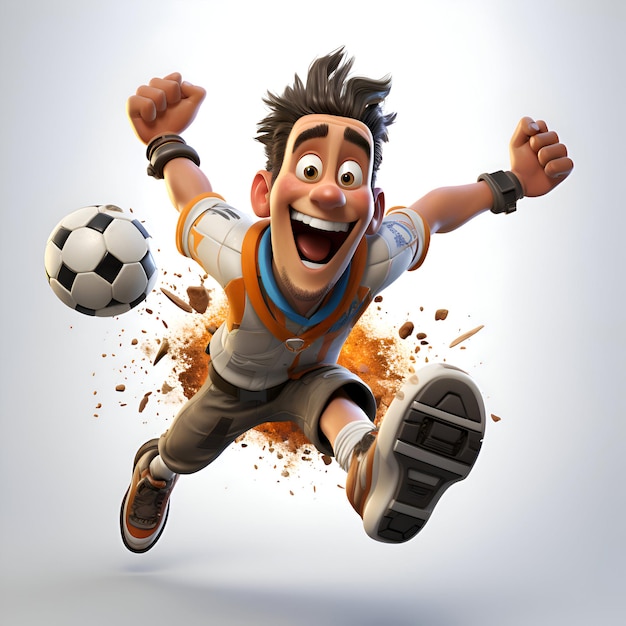 Kostenloses Foto 3d-illustration eines jungen mannes, der mit einem fußball in der hand springt