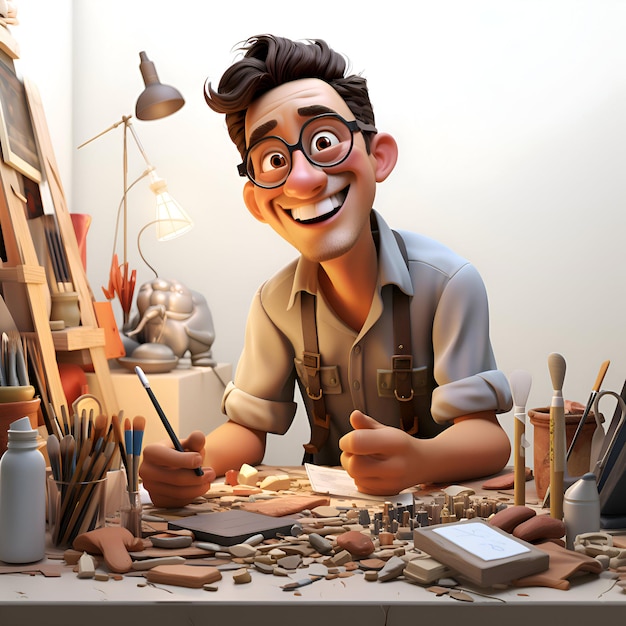 3D-Illustration eines Zeichentrickers, der in seinem Studio mit Werkzeugen arbeitet