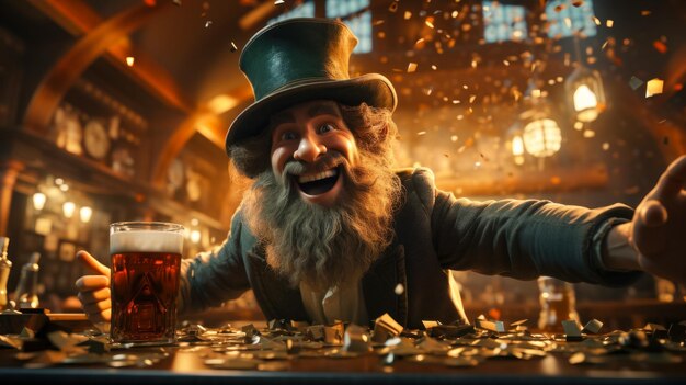 3D-Karte mit einem fröhlichen Leprechaun mit einem Becher Bier und Goldmünzen an der Bar