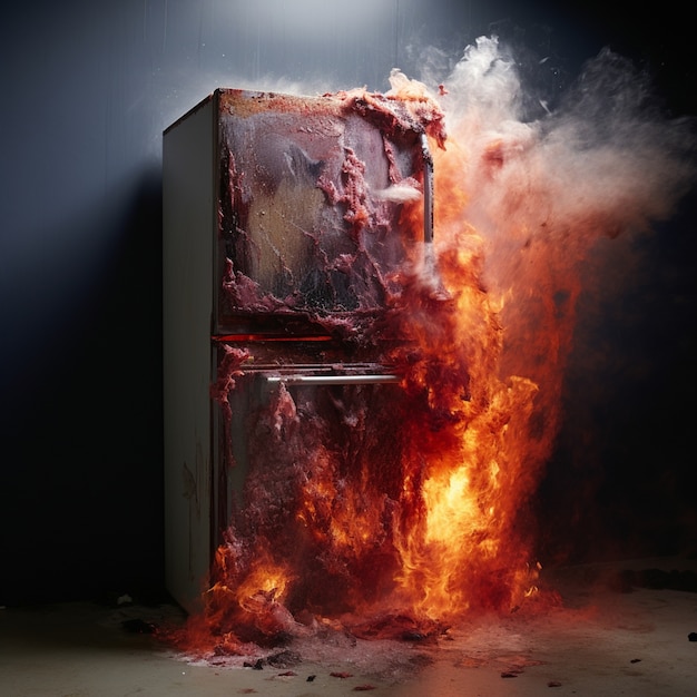Kostenloses Foto 3d-kühlschrank brennt mit flammen