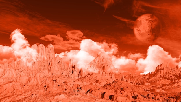 3D-Landschaftsraumhintergrund mit fiktivem Planeten und Bodentextur