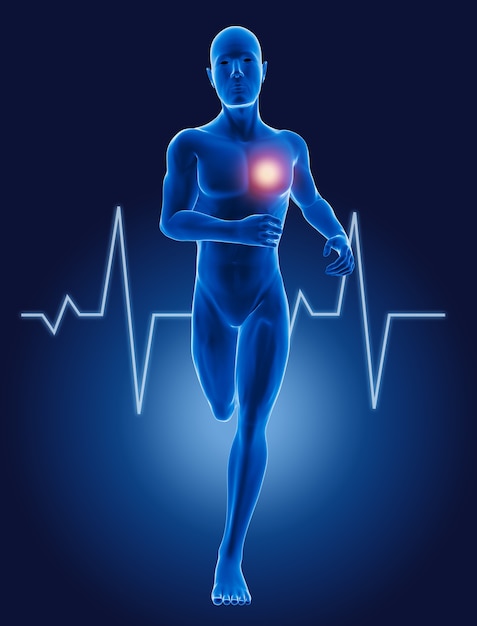 3D laufender medizinischer Mann mit EKG-Herzschlag