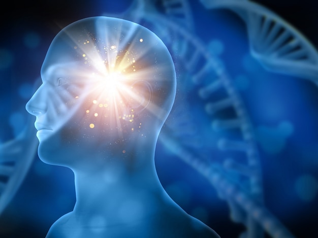 3D medizinischen Hintergrund mit verschwommenen DNA-Stränge und männlichen Kopf