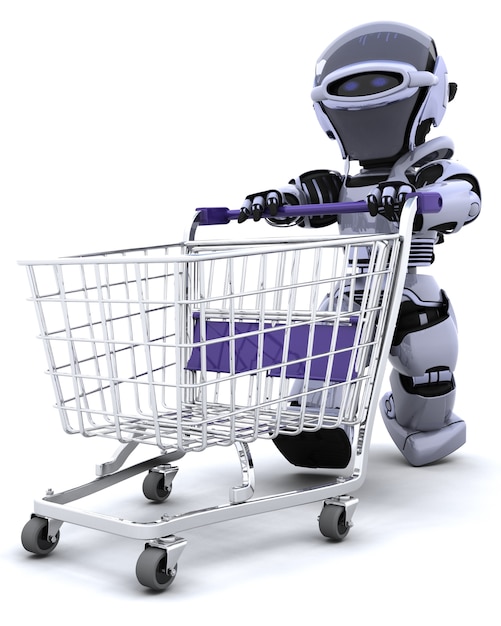 Kostenloses Foto 3d mit einem wagen von einem roboter-shopping machen