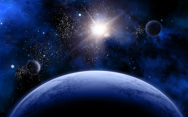 3D-Raum-Szene mit fiktiven Planeten und Sterne
