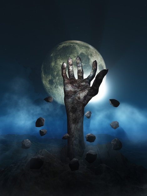 3D-Render eines Halloween-Konzepts mit Zombie-Hand, die aus dem Boden ausbricht