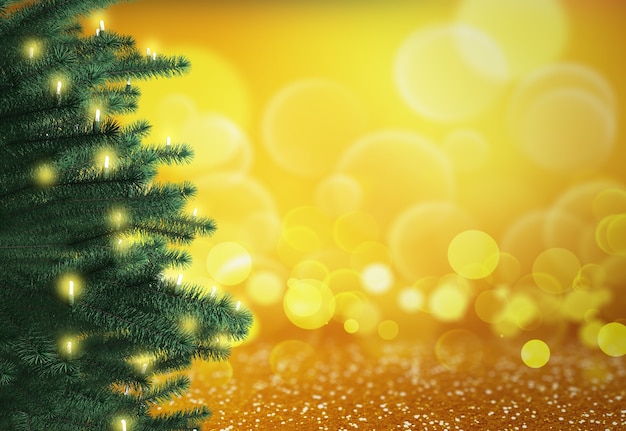 Kostenloses Foto 3d-render eines weihnachtsbaumes auf einem bokeh beleuchtet hintergrund