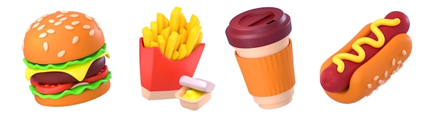 3D-Render-Fast-Food-Burger-Pommes-Frites-Kaffee